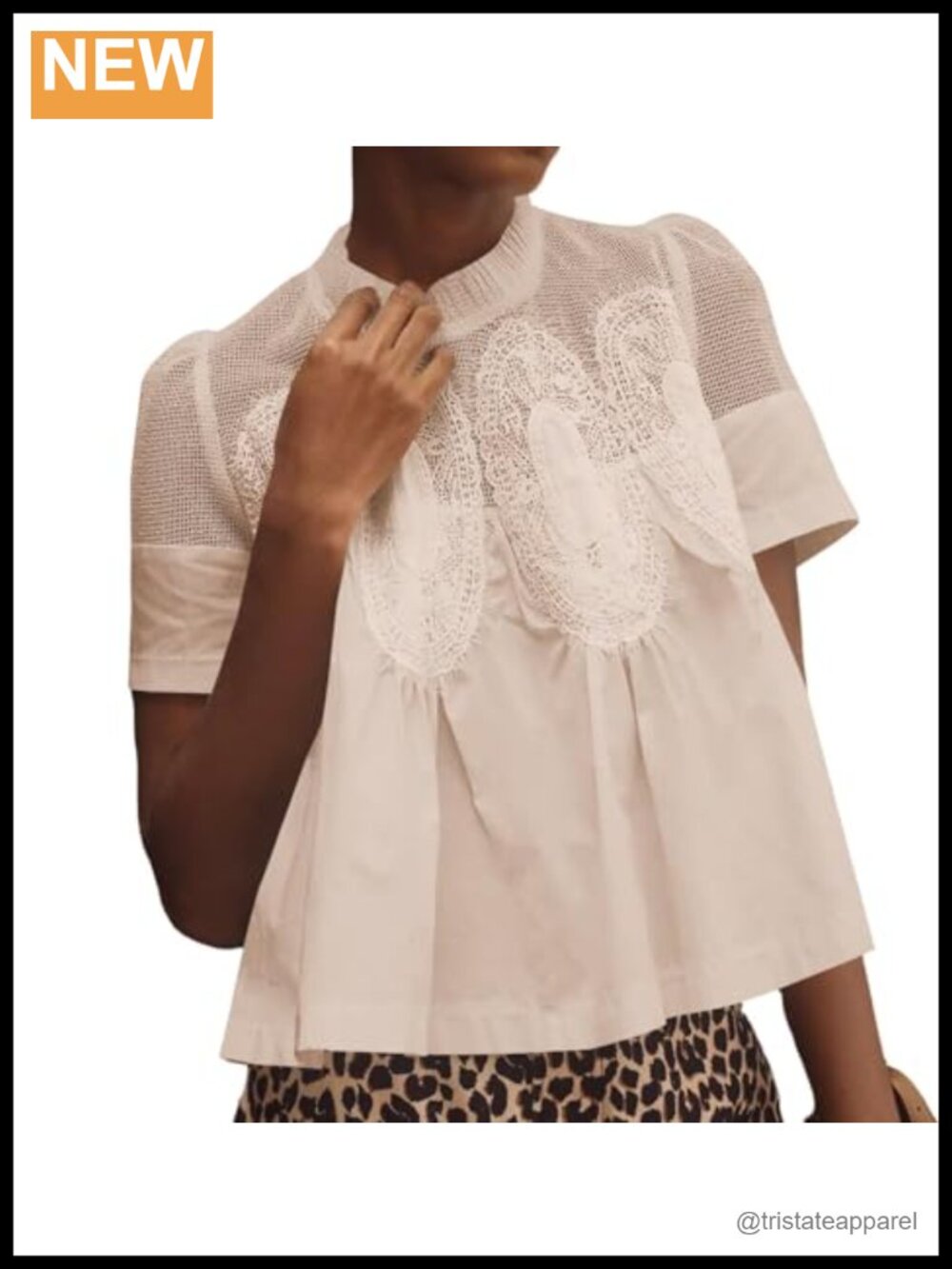 Women's Lace Mock Neck Puff Sleeve Blouse Sheer Babydoll Swing Top